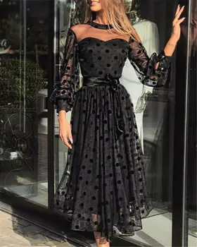 2020 M. Moterų Tinklinio Polka Dot Spausdinti Nėrinių Maxi Suknelės Elegantiškas Ponios Puff Rankovėmis Suknelės Atsitiktinis Juoda Plus Size Vakaro Šalis Suknelė
