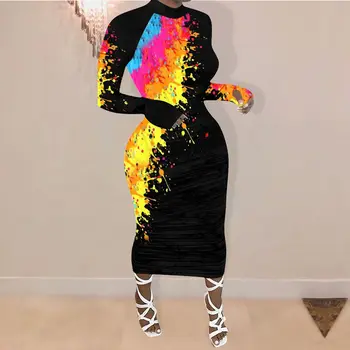 ZKYZWX Grafiti Print Plus Size ilgomis Rankovėmis Maxi Suknelė Moterų 2020 M. Vestidos Rudenį Drabužių Elegantiškas Naktinis Klubas Šalies Bodycon Suknelės