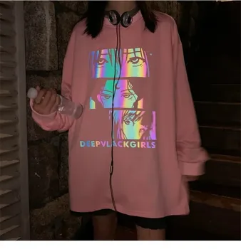 Japonija Prarasti Viršūnes Moterų Kpop Atspindintis Atsitiktinis Spausdinti Studentai Palaidinukė Rudenį Kietas Hoodie Merginos Mėlyna Streetwear Hoodies