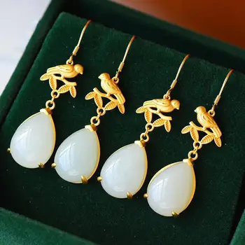 Nauja Sidabro Gamtos Hotan balta Chalcedony Lašas Auskarai Kinijos retro stiliaus unikalus senovės aukso amatų žavesio moterų papuošalai