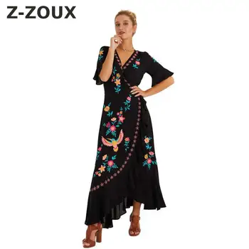 Z-ZOUX Moterų Suknelė Siuvinėta Bohemijos Suknelė Seksualus Ilgai Spausdinti Gėlių Maxi Suknelės V Kaklo Ruffles Gėlių Long Beach Vasaros Suknelės