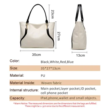 Paprastas Prabangos Moterų oda pečių maišą Didelių Pajėgumų Nešti PU Odos moterys, ponios rankinėje Balta moterų krepšiai Atsitiktinis Ranka maišo