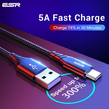 ESR 5A USB C Tipo Kabelis 1m 2m Greito Įkrovimo Tipas-C Kabelio Huawei 30 P20 Mate 20 Pro Telefonas Apkrauna QC3.0 USBC Cabo Juoda