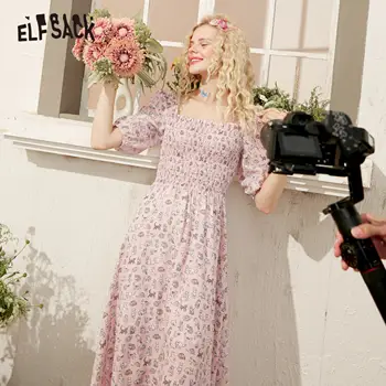 ELFSACK Rožinė Juokinga Grafinis Spausdinti Atsitiktinis Šifono Milkmaid Suknelės Moterims 2020 Metų Vasaros Sluoksniuotos Rankovėmis korėjos Girly Saldus Kasdien Suknelė