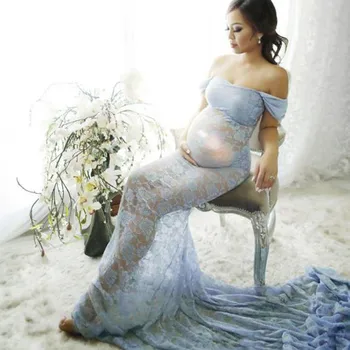 Moteriški drabužiai 2019 motinystės suknelės už nuotrauką šaudyti Pregnants Seksualus Fotografija Rekvizitai Off Pečių Nėrinių Slaugos Ilga Suknelė