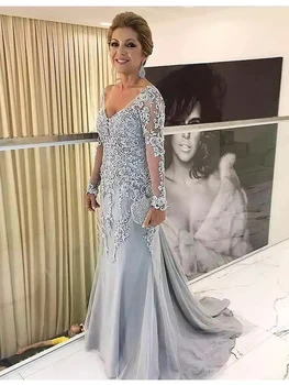 Elegantiškas Sidabro Motina Nuotakos Suknelės Visas Rankoves 2021 V Kaklo Krikštamotė Vakaro Suknelė Undinė Vestuves Svečias Suknelė Nauja