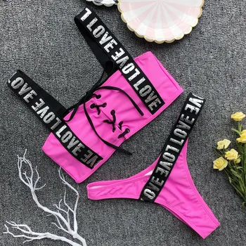 Push-Up Bikinis 2020 Seksualus maudymosi kostiumėlį Meilės Laišką Išspausdinti Thong Bikini Plius Dydis maudymosi Kostiumėliai Moterims, Maudymosi Kostiumą, Badpak Trikinis XXL