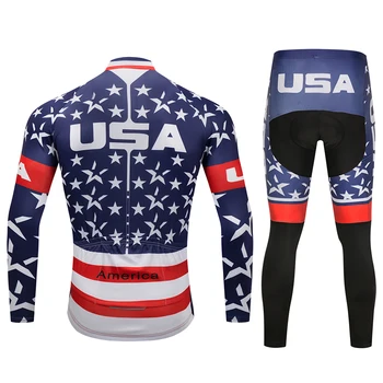 Pro Komandos Dviračiu JAV Vėliava Star ilgomis Rankovėmis Uniformas Nustatyti Ropa Ciclismo Jersey MTB Dviratį Marškinėliai Trinkelėmis Kelnes Nustatyti Dviračiu Dėvėti Drabužiai