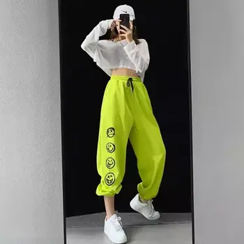 Smiley Hip-hop Moterų Sweatpants Gatvės Šokių Fluorescencinė Žalia Haremo Kelnės Moterims Streetwear Mados Kelnės Moterų Plius Dydis