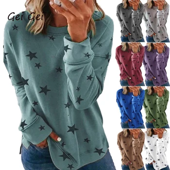 Korėjos Stiliaus Marškinėliai Moterims Penkių Žvaigždučių O-Kaklo Rudenį Ilgomis Rankovėmis Prarasti Negabaritinių Spausdinti Marškinėlius Viršuje Tee Žiemos Vintage Drabužių 2021