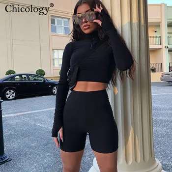 Chicology užtrauktukas sportinę 2 dviejų dalių atitikimo rinkinys ilgomis rankovėmis pasėlių viršuje dviratininkas šortai moterims 2020 metų vasaros seksualus drabužių streetwear