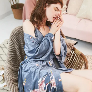 Rudenį Aksomo Moterų Apdaras Nustatyti Spausdinami 2VNT Sleepwear Atsitiktinis Chalatas Kimono Seksualus naktiniai drabužiai Nuotaka Bridesmaid Padažu Suknelė