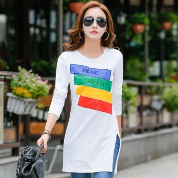 Naujas mados ilgai marškinėliai moterims ilgomis rankovėmis pusės split t-shirt rudenį 2020 siuvinėti žiemos balti marškinėliai moterims vatos pagaliukai