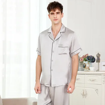 Mados originali šilko pižama rinkiniai vyrams trumpomis rankovėmis, seksualus šilko pižama vyrų gryna spalva šilko patalpų dėvėti pižamos mens