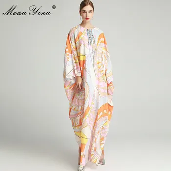 MoaaYina Mados Dizaineris suknelė Pavasarį, Rudenį Moterų Suknelė Batwing Rankovės Geometrijos Spausdinti Prarasti Maxi Suknelės skraiste