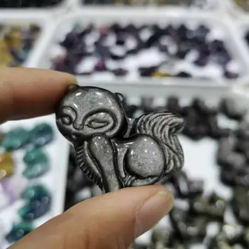Natūralus sidabro obsidianas Akmens Raižyti Mielas Gyvūnų statulėlės, Aukso / gray fox kristalų Papuošalai