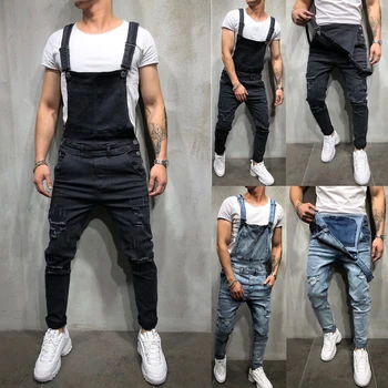 Ripped Jeans Jumpsuits 2021 Mados Vyrų Labas Street Nelaimę Džinsinio audinio Kombinezonai su Antkrūtiniais Žmogui Suspender Kelnes Streetwear Dydis S-XXXL