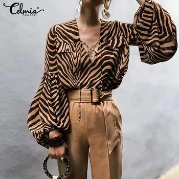 2021 M. Pavasarį Moterys Zebras Spausdinti Palaidinės Celmia Atsitiktinis Palaidų Ilgai Žibintų Rankovėmis Marškinėliai Seksuali V-Kaklo Viršūnes Streetwear Blusas Plius Dydis