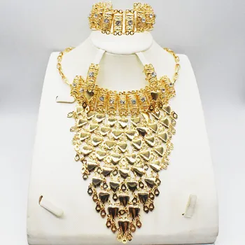 Vestuvių dovana mados aukštos kokybės Afrikos juvelyrika nustatyti moterų karoliai, auskarai, apyrankės kelionės aukso papuošalų rinkinys
