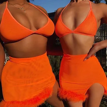 Moterų Kietas Purus Camis Viršuje Akių Sijonai 2 Dalių Komplektas Moterų Orange Pamatyti Per Trumpą Mini Sijonas Seksualus Ponios Atitikimo Komplektus Du