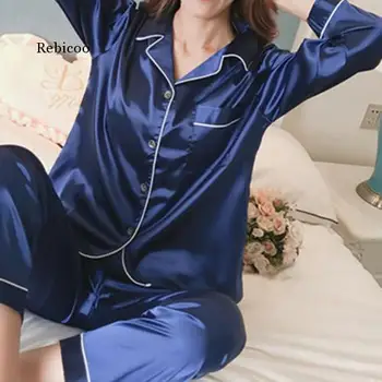 Didelio dydžio ponios ilgomis rankovėmis pijama Nustatyti ilgomis Rankovėmis Sleepwear atsitiktinis kontrasto spalvų kišenė atvartas button cardigan Homewear