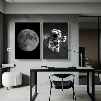 Juoda ir Balta Astronautas ir Mėnulis Drobė, Tapyba, Plakatas ir Spausdina Erdvės Sienos Menas Nuotraukas Kambarį Dekoro