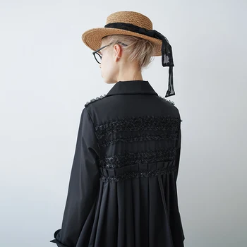 Imakokoni juoda ilgomis rankovėmis marškinėliai, moterų 2020 m. rudenį dizaino prasme nišą retro plisuotos marškinėliai
