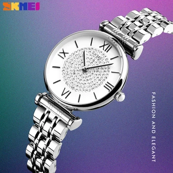 SKMEI Prabangos Prekės ženklo Moterys Kvarco Žiūrėti Elegantiškas Nerūdijančio Plieno Ponios Krištolo Apyrankė Moterų Laikrodžiai Laikrodis Relogio Feminino