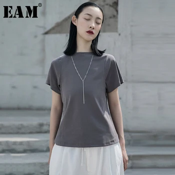 [EAM] Moterys Pilka Balta Trumpa Temperamentas Laisvalaikio T-shirt Naujas Apvalios Kaklo trumpomis Rankovėmis Mados Banga Pavasario Vasaros 2021 1W028