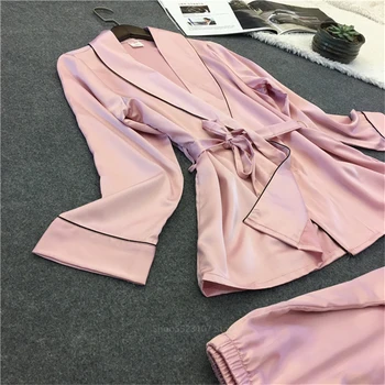 2020 m., Satino, Šilko Seksualus naktiniai marškiniai, pižamos Rinkiniai moterims Tiktų Rožinė Namų Drabužiai Sleepwear Poliesteris Naktį ilgomis Rankovėmis Loungewear 2vnt Viršuje Kelnės
