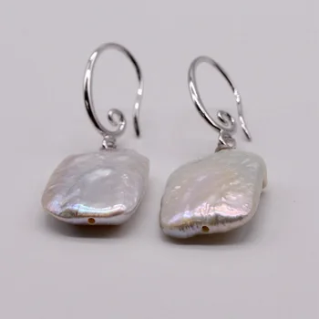 Geometrinis auskarai, kvadratinės baltos natūralių gėlavandenių perlų, sterlingas sidabro papuošalai, moteriški auskarai