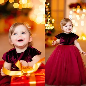 2018 Nauja Kalėdų Oficialaus Princess Šalis Suknelė Kūdikiams, Vaikams Baby Girl Žiedlapis Rankovės Aksomo, Nėrinių Kratinys Retro Tutu Suknelė