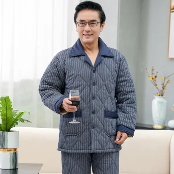 Trijų Sluoksnių Dygsniuotas Vyrų Pižama Nustatyti, Žiemą Visą Medvilnės Ilgomis Rankovėmis Kelnės Nustatyti Korėjos Dryžuotas Rudenį Namuose Paslaugų Vyrai Sleepwear