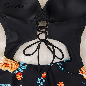 SEASELFIE Juodos spalvos Gėlių Spausdinti Apynasrio vientisas maudymosi kostiumėlis Moterims 2021 Seksualus Išpjovą, Nėrinių Iki Paplūdimio Plaukimo Kostiumas Vasaros maudymosi Kostiumėliai