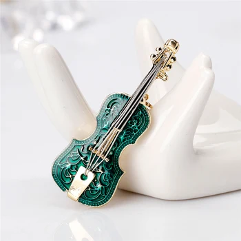 Žalia Emalį Gitara, Smuikas Sagės Pin ir Sages Moterims Vestuvės Juvelyrika Muzikos Instrumentas, Metalo Pin Naujųjų Metų Dovana