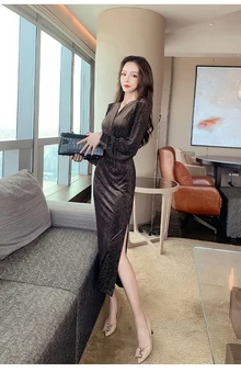 2020 m. Pavasarį ir Rudenį Naujų Korėja Malonės Seksualus Slim V-kaklo Padalinta Frenulum Suknelė Prisisekite juosmens Ilgio rankovėmis suknelė