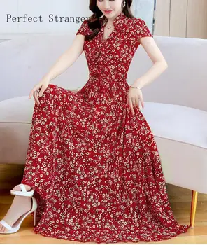 2020 Metų Vasaros Naują Atvykimo Elegantiškas V Apykaklės Raukiniai Trumpas Rankovės Gėlių Spausdinti Karšto Pardavimo Moterims, Ilgą Šifono Suknelę