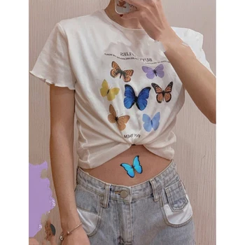 Moterys Vasarą Cartoon Sun Moon Print T-shirt O-kaklo trumpomis Rankovėmis marškinėliai Harajuku Drugelis Drabužių Streetwear Medvilnės marškinėliai Viršų