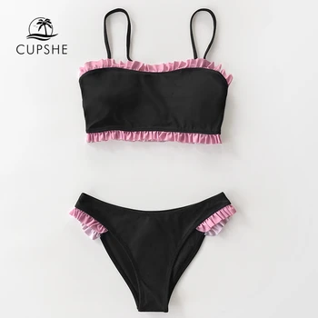 CUPSHE Juoda Raudona Susiėmę Bandeau Bikini Rinkiniai, Seksualus Mažai-waisted maudymosi kostiumėlį Dviejų dalių maudymosi Kostiumėliai Moterims, 2021 Paplūdimio Maudymosi Kostiumai