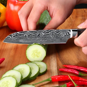 Japonijos Damaske virtuvės peiliai Lazerio Dapattern chef peilis Aštrus Santoku Cleaver universalūs Peiliai, Pjaustymo įrankis EDC 3