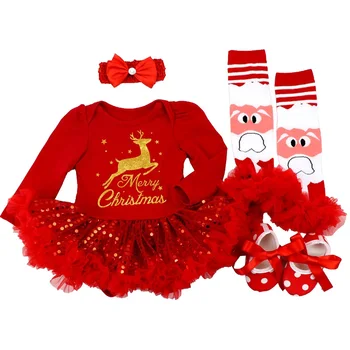 Baby Girl Suknelės Raudona Briedžių Bling-bling Tiulio Suknelė, Pirmą Kalėdų Dress+Batai+Lankelis+Kojinės 4pcs Tiktų Vaikams Drabužių 0-2T