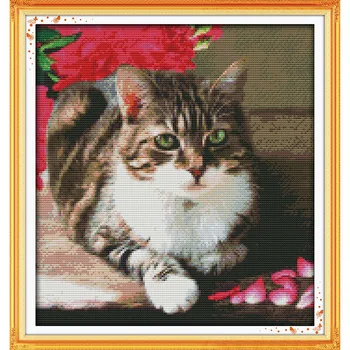 Amžinos Meilės Lovely Cat Kinijos Kryželiu Rinkiniai Ekologinės Medvilnės Antspaudu Spausdinti 11CT 