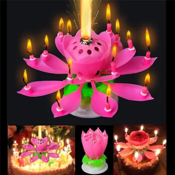 1pcs Nuostabi Dviejų Sluoksnių su 14 Mažos Žvakės Lotus su Gimtadieniu Nugara Dainuoja Romantiškas Muzikinis Gėlių Šalies Šviesos Žvakės