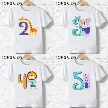 2020 m. Berniukai/Mergaites su Gimtadieniu Gyvūnų Skaičius 1-9 Print T shirt Baby Animacinių filmų Liūtas, Žirafa, T-shirt Vaikai Pristatys Drabužius