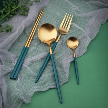 Karšto Didmeninė Dropshiping sidabro, nerūdijančio plieno, Tamsiai Žalia, Aukso ir senovinių stalo įrankiai stalo šaukštas valgomasis peilis nustatyti, korėjiečių virtuvė