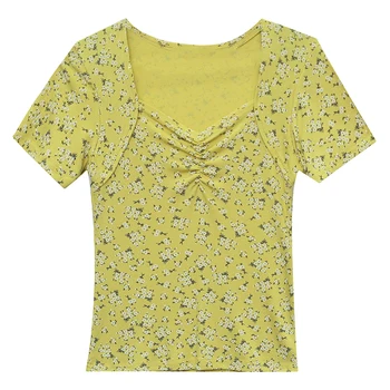 Vasarą Europos Drabužius T-shirt Mados Seksualus Aikštėje Apykaklės Apmušalas Moterų Viršūnių Ropa Mujer Medvilnės Saldus Gėlių Tees 2020 Naujas T05508