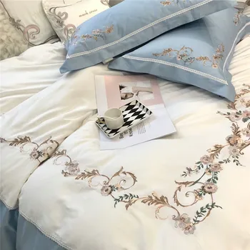 Naujas atvykimo White blue queen karalius Patalynės Komplektas Egipto medvilnės siuvinėjimo lova nustatyti lova padengti minkšta Bedsheets Antklodė antklodė padengti rinkinys