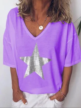 Star Print T Shirt V-Kaklo Geltona Violetinė Balta Marškinėlius Moterims Trumpomis Rankovėmis Vasarą Plius Dydis Xxxl Xxxxl Xxxxxl 2019 Haut Femme