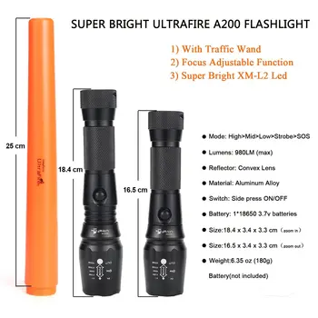 UltraFire LED Žibintuvėlis Signalas Stick CREE XM-L2 Zoom Dėmesio Magnetas Fakelas Žibintų Medžioklės Taktinis 18650 Žibintuvėlis