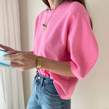 Atsitiktinis, Kietas Marškinėliai Moterims Korėjos Harajuku Palaidinės Prašmatnus Sluoksniuotos Pusė Rankovės Šukuotinės Medvilnės Palaidinė Moterims 2021 Moterų Marškiniai Blusas 10199